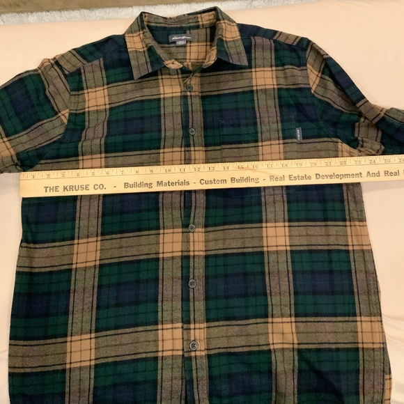 Vintage Eddie Bauer Green Tan XL Plaid Flannel Outdoor Costal Grandpa Alpine - Picture 6 of 7